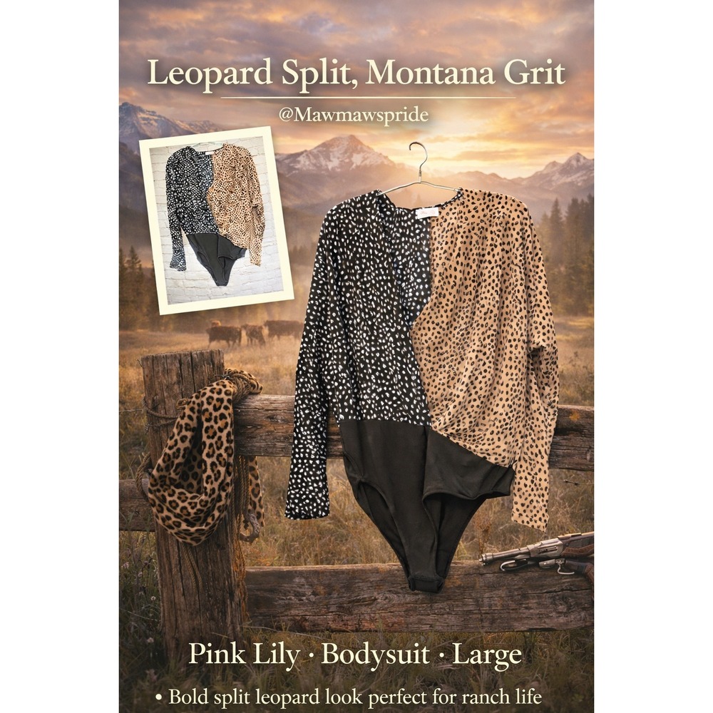 Pink Lily Womens Split Leopard Print Bodysuit Long Sleeve V-Neck Tan Black Large
